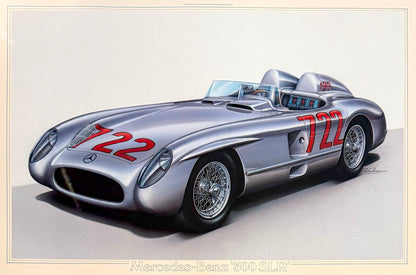 Stirling Moss, Hand Signed Limited Edition 1955 Mercedes Benz 300SLR Drawing & COA
