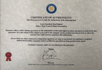 Lewis Hamilton, F1 Mercedes McLaren Legend, Hand Signed Photo & COA