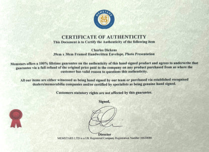 Charles Dickens, British Novelist, Hand Signed Framed Envelope Presentation & COA