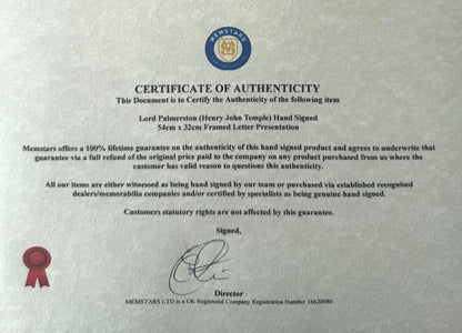 Lord Palmerston, Former British Prime Minister, Hand Signed War Office Letter Presentation & COA