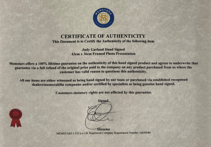 Judy Garland, 'Wizard of Oz' Oscar Winning Actress, Hand Signed Photo & COA