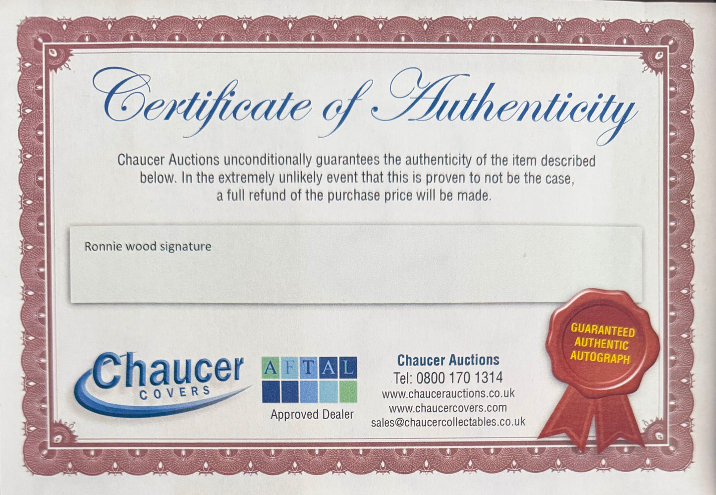 Ronnie Wood, Rolling Stones Guitarist, Hand Signed Card Presentation & AFTAL Member COA