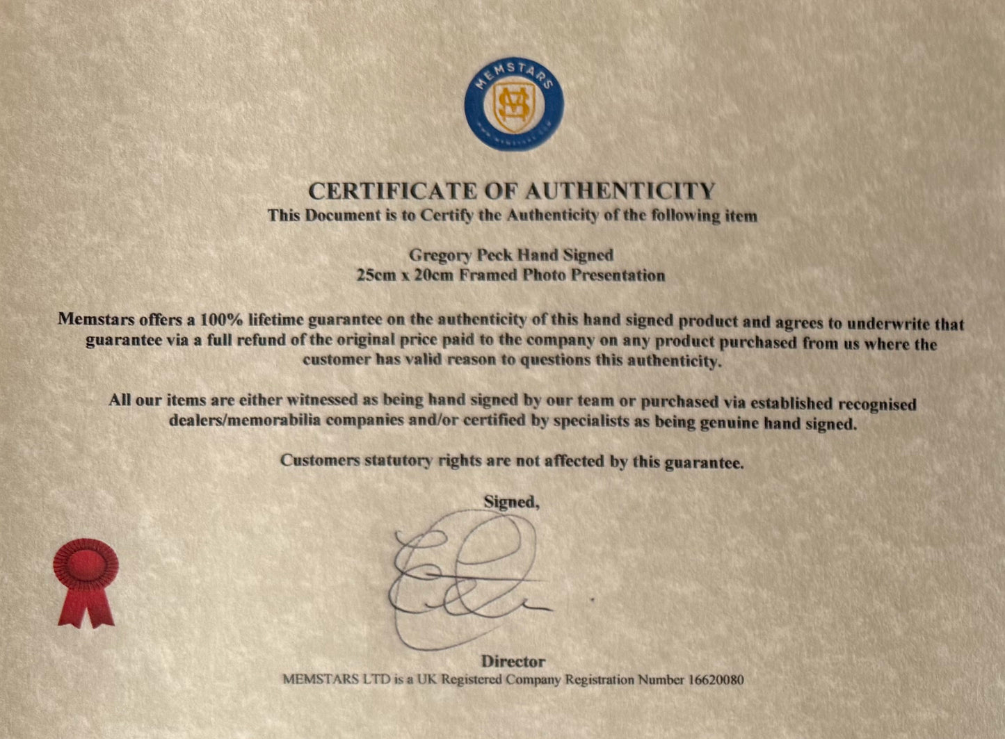 Gregory Peck, Famous U.S Actor, Hand Signed Framed Mounted Photo With COA