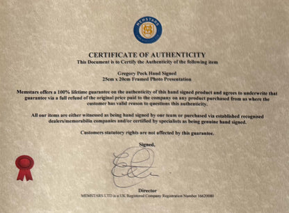 Gregory Peck, Famous U.S Actor, Hand Signed Framed Mounted Photo With COA