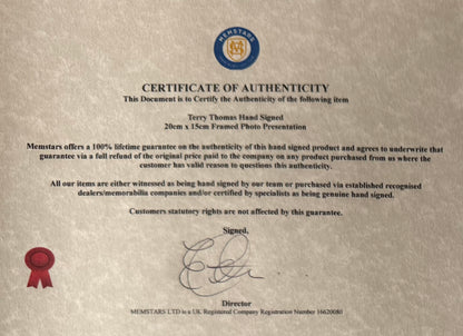 Terry Thomas, Guaranteed Hand Signed Framed Publicity Photo With COA