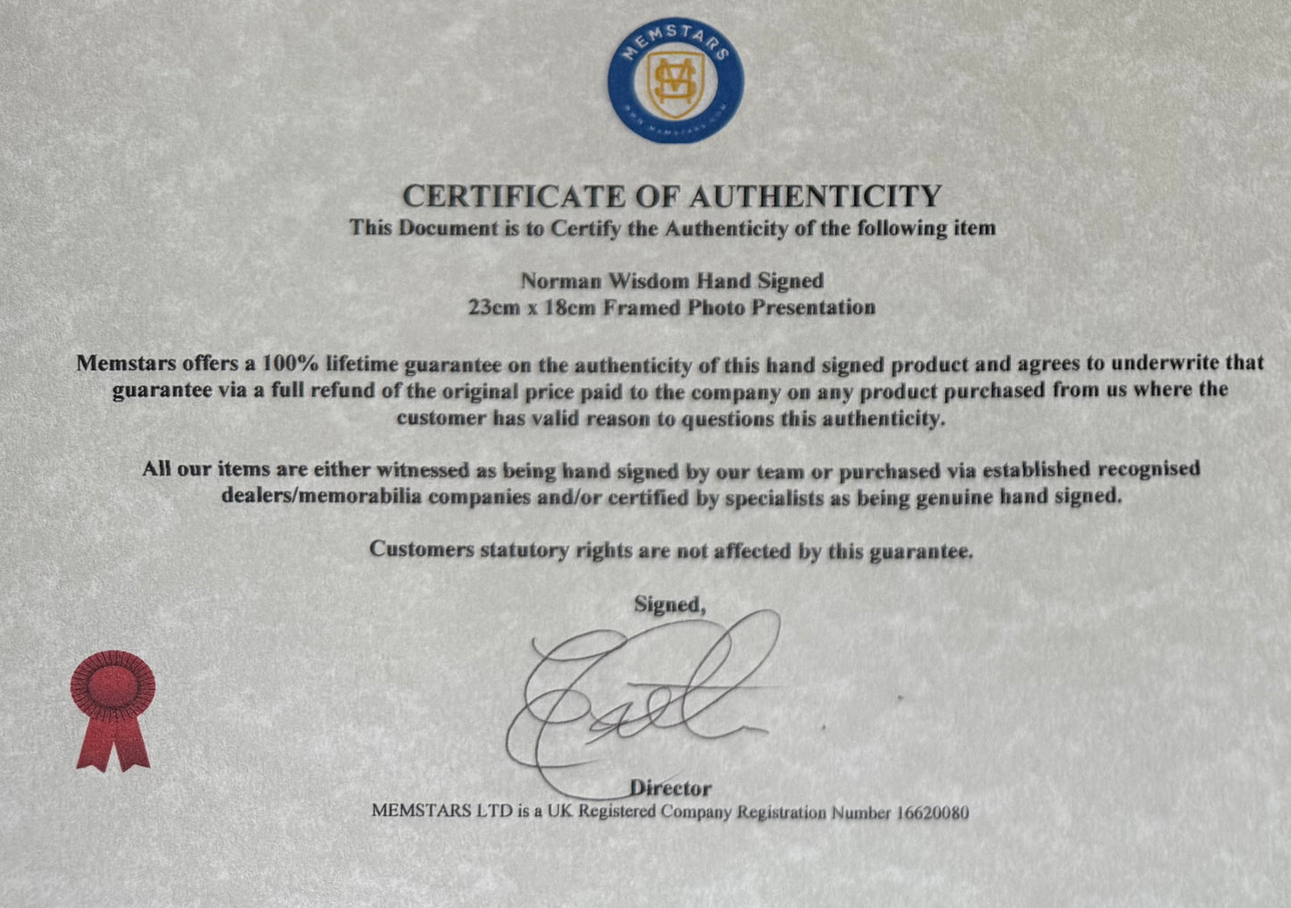 Sir Norman Wisdom, Hand Signed Original Framed 23cm x 18cm Photo & COA