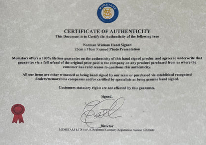 Sir Norman Wisdom, Hand Signed Original Framed 23cm x 18cm Photo & COA