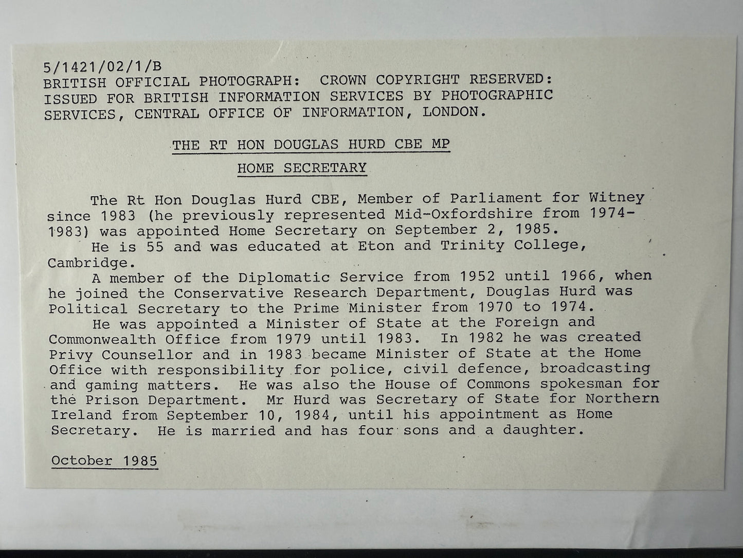 Douglas Hurd, Former British Minister, Hand Signed Photo with COA