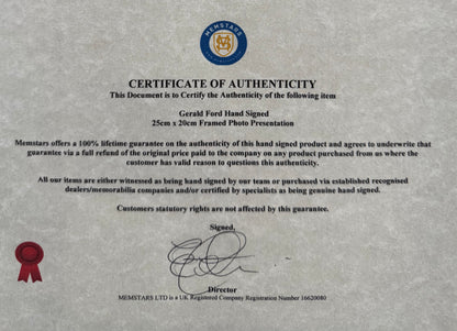 Gerald Ford, Former President, Hand Signed Card & Photo Presentation, With COA