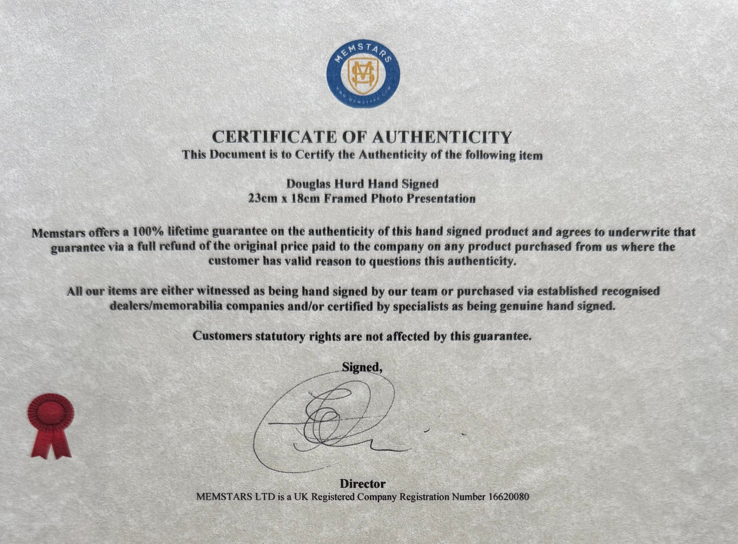 Douglas Hurd, Former British Minister, Hand Signed Photo with COA