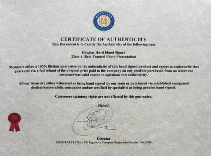 Douglas Hurd, Former British Minister, Hand Signed Photo with COA