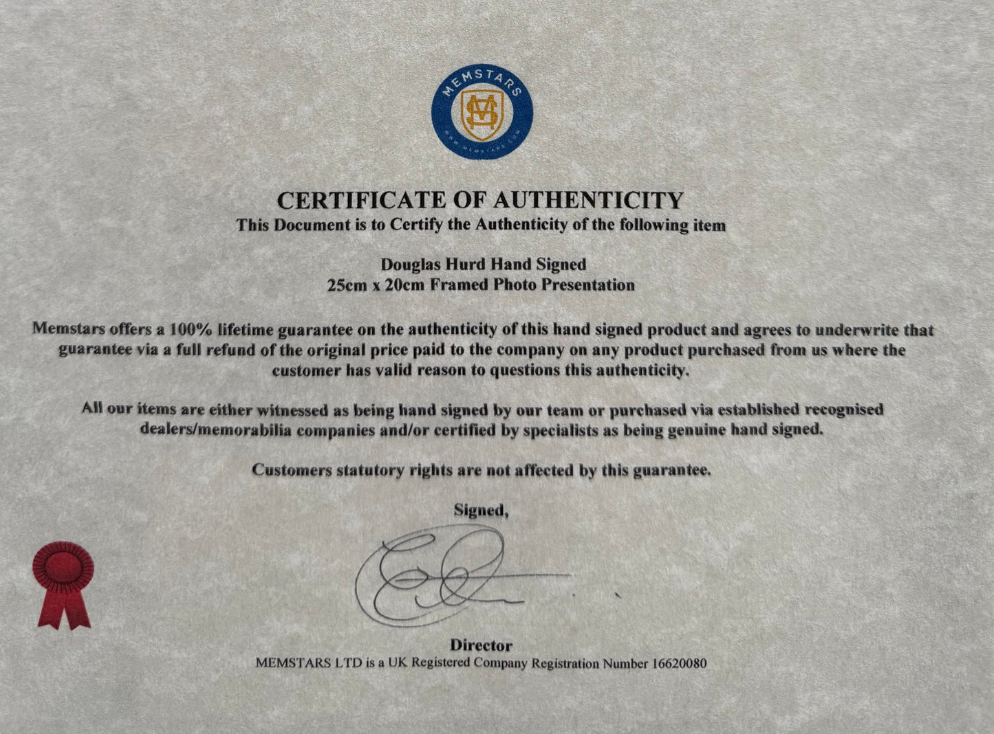 Douglas Hurd, Former British Minister, Hand Signed Photo with COA