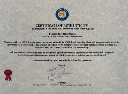 Douglas Hurd, Former British Minister, Hand Signed Photo with COA