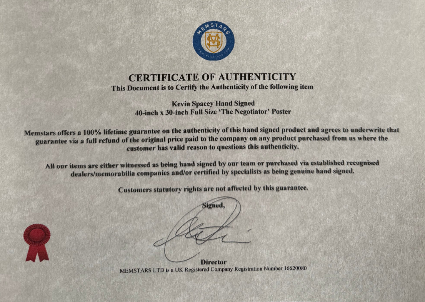 Kevin Spacey, Hand Signed The Negotiator' Full Size Cinema Poster & COA