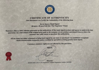 Kevin Spacey, Hand Signed The Negotiator' Full Size Cinema Poster & COA