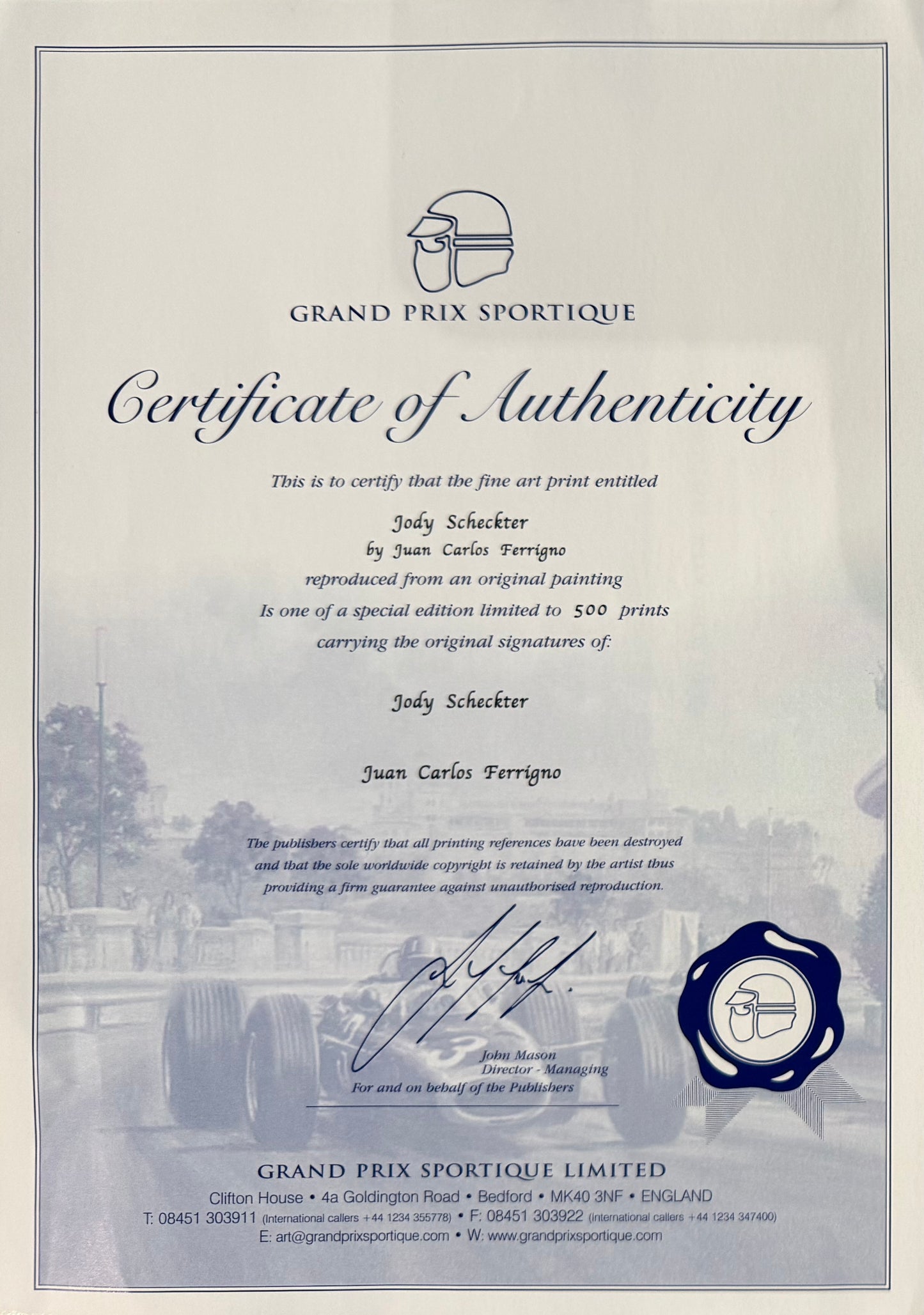 Jody Scheckter, Ferrari F1 World Champion, Hand Signed Ltd Edition Print & COA