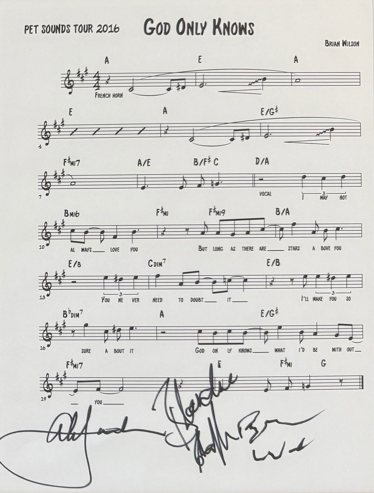 The Beach Boys; Wilson, Jardine, Chaplin Hand Signed Pet Sounds Songsheet & COA