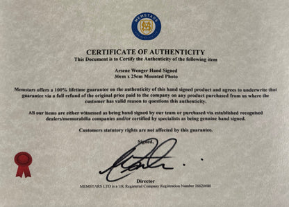 Arsene Wenger, Former Arsenal Manager, Hand Signed Mounted Photo & COA