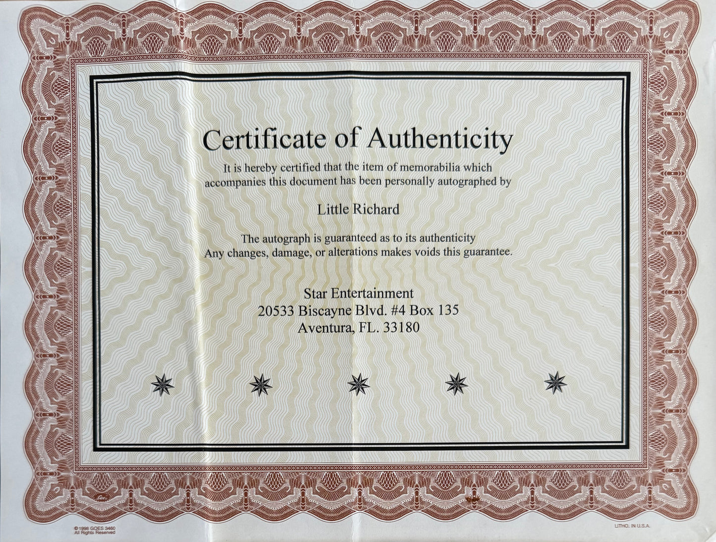 Little Richard, Singer, Songwriter, Rock and Roll Star, Hand Signed Framed Photo & COA