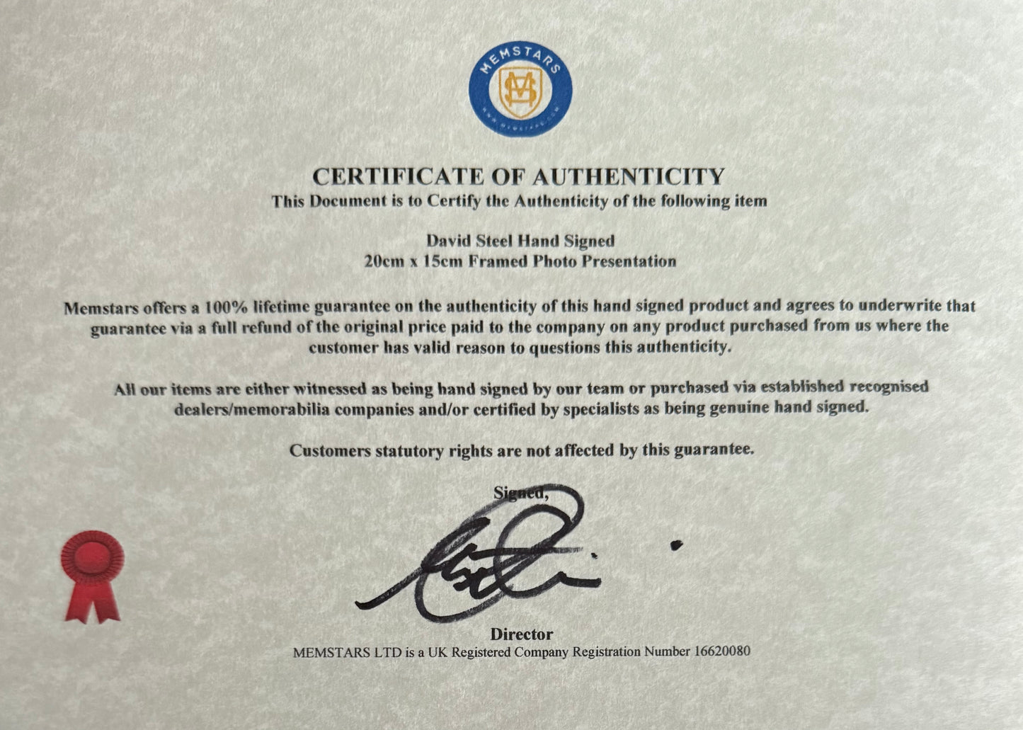 David Steel, Former Liberal Party Leader, Hand Signed Official Photo With COA