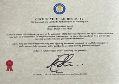 Lewis Hamilton, F1 Mercedes McLaren Legend, Hand Signed Photo & COA