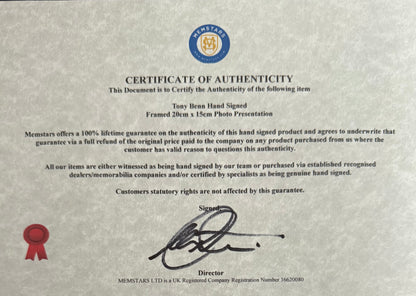 Tony Benn, Former Labour Party Minister, Hand Signed Magazine Photo With COA