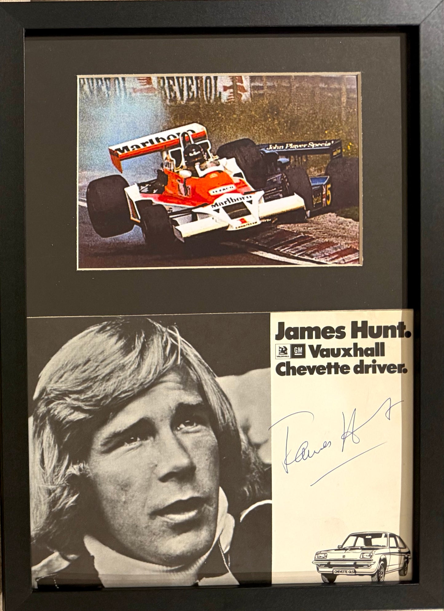 James Hunt, F1 McLaren World Champion Legend, Hand Signed Vauxhall Chevette Photocard & COA