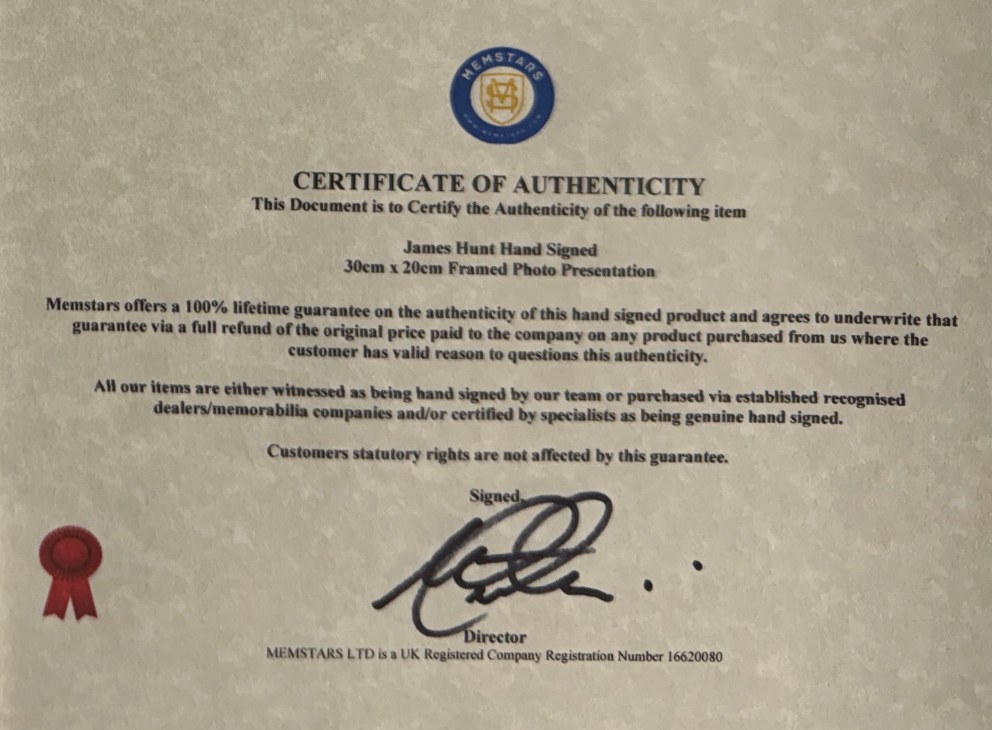 James Hunt, F1 McLaren World Champion Legend, Hand Signed Vauxhall Chevette Photocard & COA