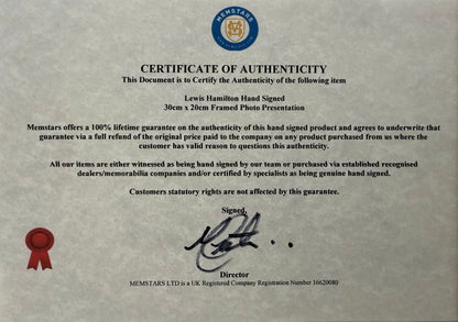Lewis Hamilton, F1 Mercedes McLaren Legend, Hand Signed Photo & COA