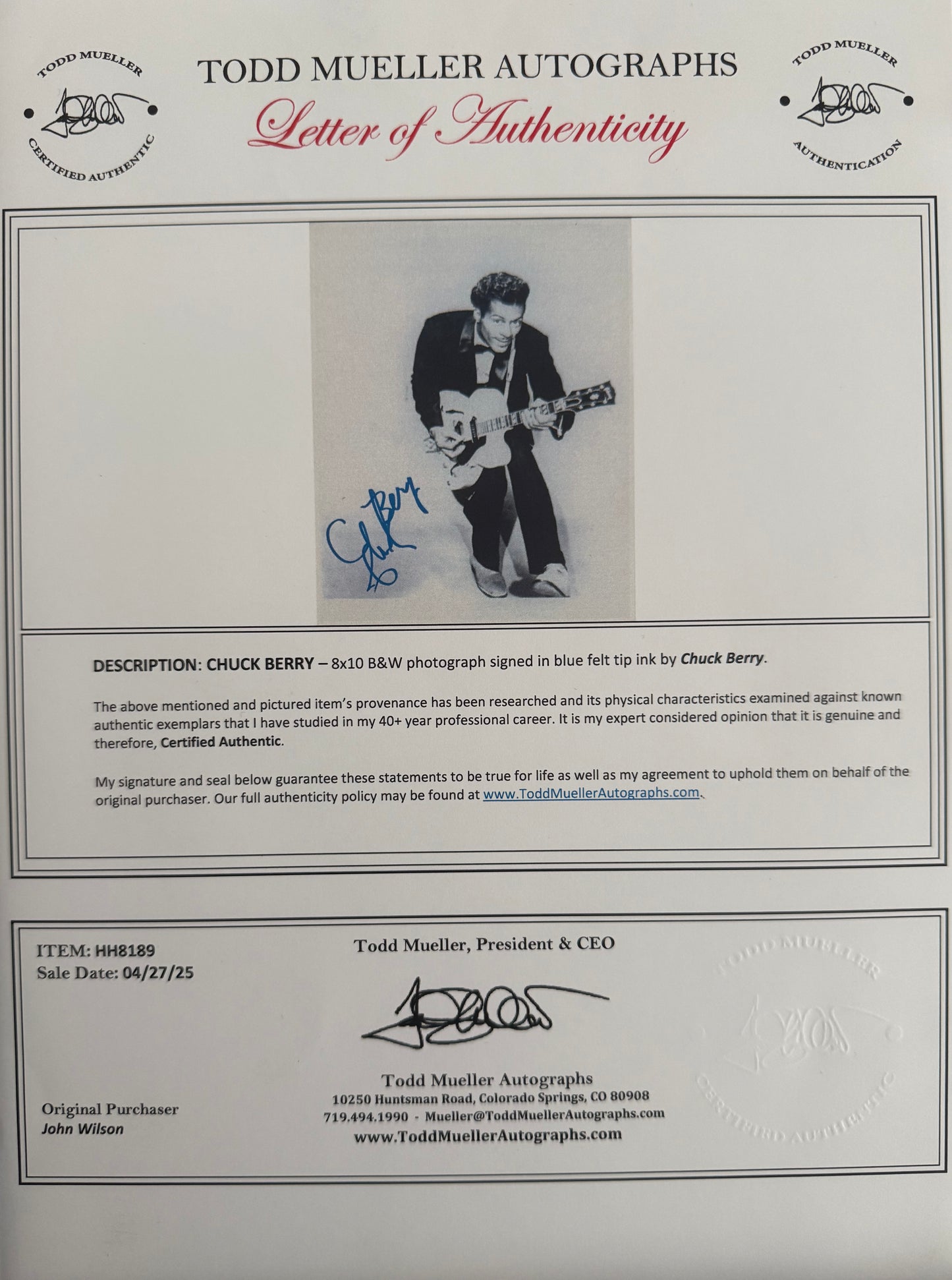 Chuck Berry, Singer, Songwriter, Rock and Roll Star, Hand Signed Framed Photo & COA