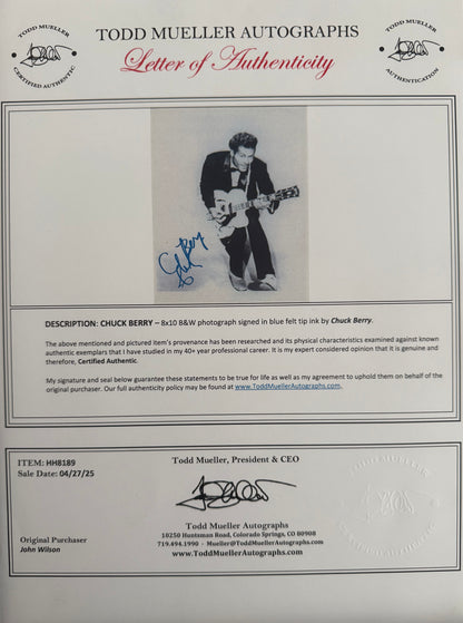 Chuck Berry, Singer, Songwriter, Rock and Roll Star, Hand Signed Framed Photo & COA