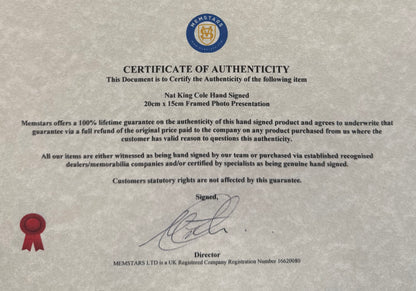 Nat King Cole, Singer, Actor, Hand Signed Framed 20cm x 15cm Original Photo & COA