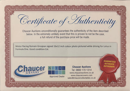 Romain Grosjean Formula 1, Hand Signed Lotus Photo With AFTAL COA