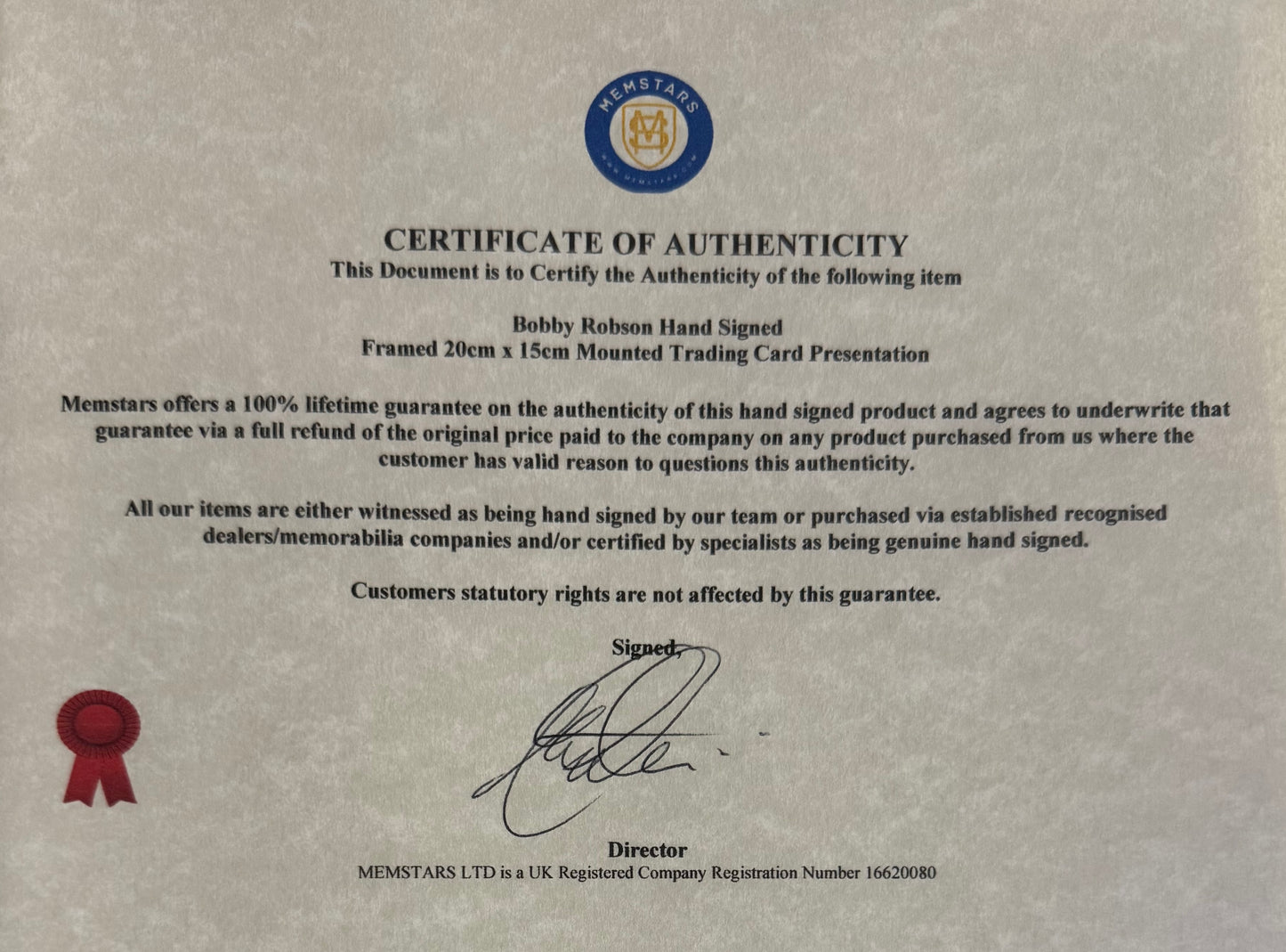 Bobby Robson Hand Signed Trading Card Presentation & COA