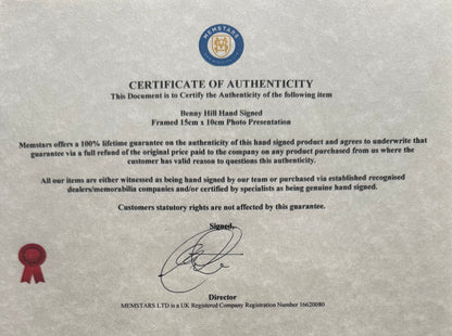 Benny Hill, Guaranteed Hand Signed Framed Publicity Photo With COA