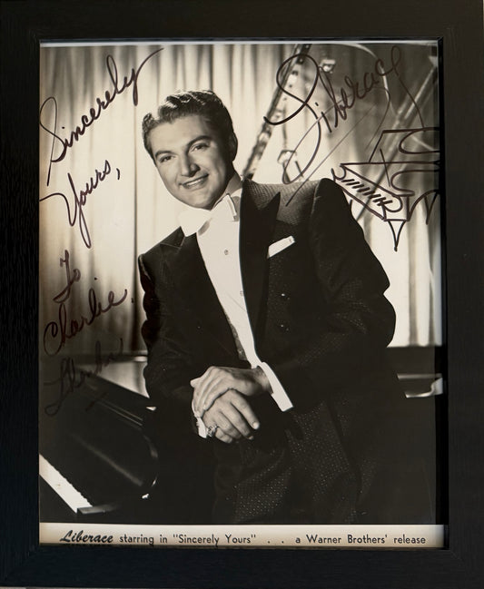 Liberace, Singer, Actor, Pianist, Hand Signed Framed 25cm x 20cm Photo COA