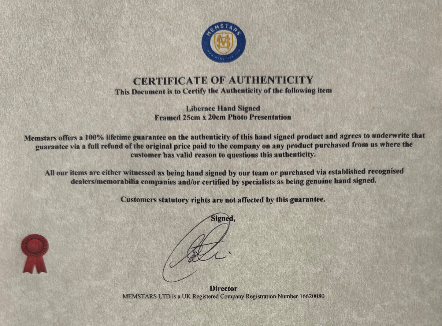 Liberace, Singer, Actor, Pianist, Hand Signed Framed 25cm x 20cm Photo COA