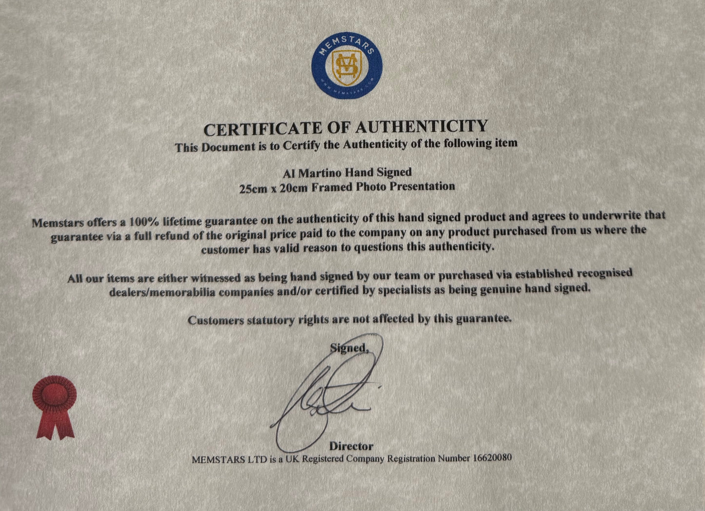 Al Martino Hand Signed Framed 25cm x 20cm Photo Presentation & COA