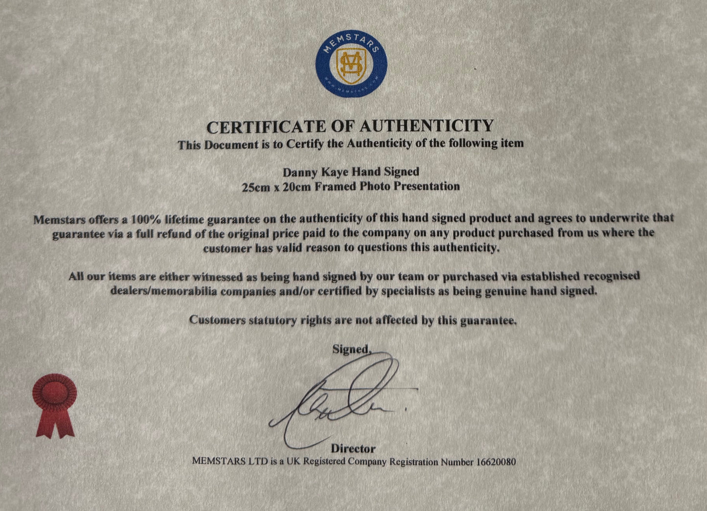 Danny Kaye Hand Signed Framed 25cm x 20cm Photo Presentation & COA