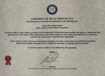 Danny Kaye Hand Signed Framed 25cm x 20cm Photo Presentation & COA