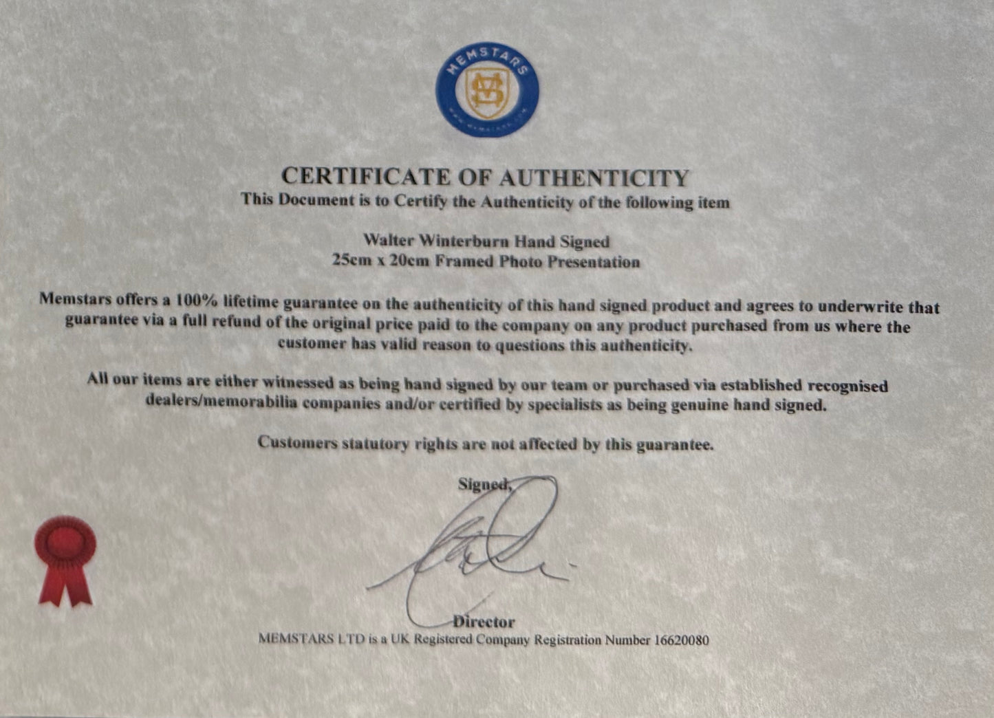 Walter Winterburn, Hand Signed Card with Photo Presentation & COA