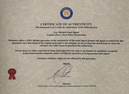 Guy Mitchell, Hand Signed Framed 15cm x 10cm Photo Presentation & COA