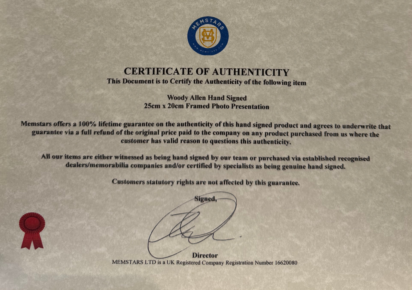 Woody Allen Hand Signed Framed 25cm x 20cm Photo Presentation & COA