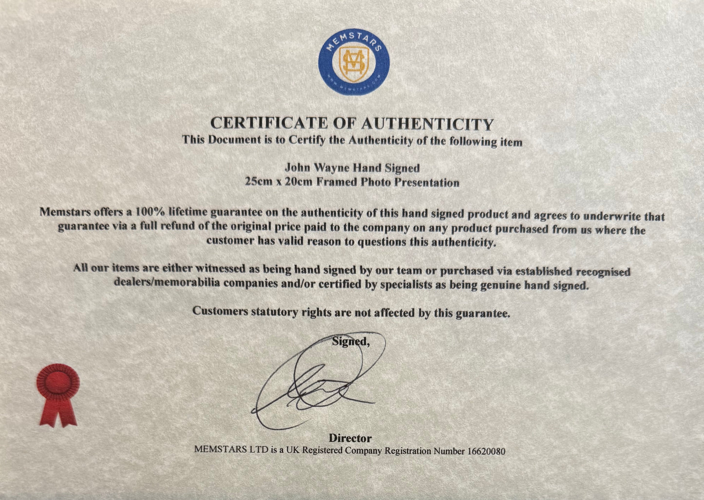 John Wayne, Hand Signed Framed 30cm x 20cm Original Publicity Photo & COA