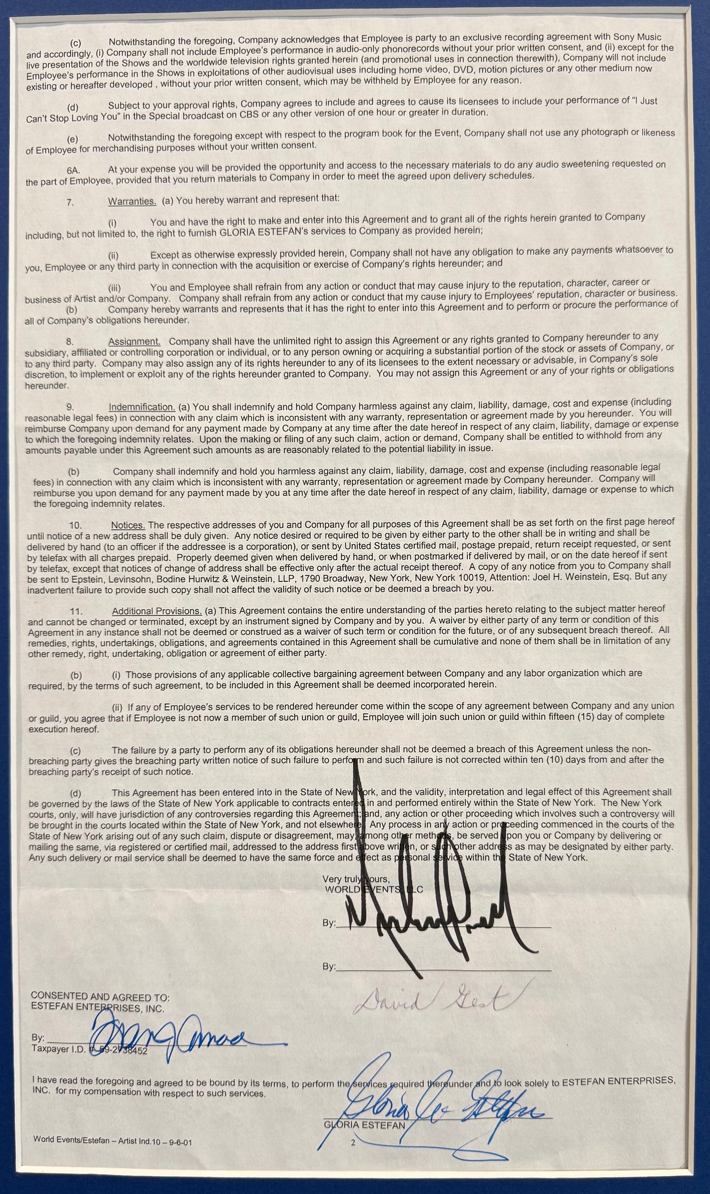 Michael Jackson, Gloria Estefan, Hand Signed Original Contract, 75cm x 55cm Presentation With COA