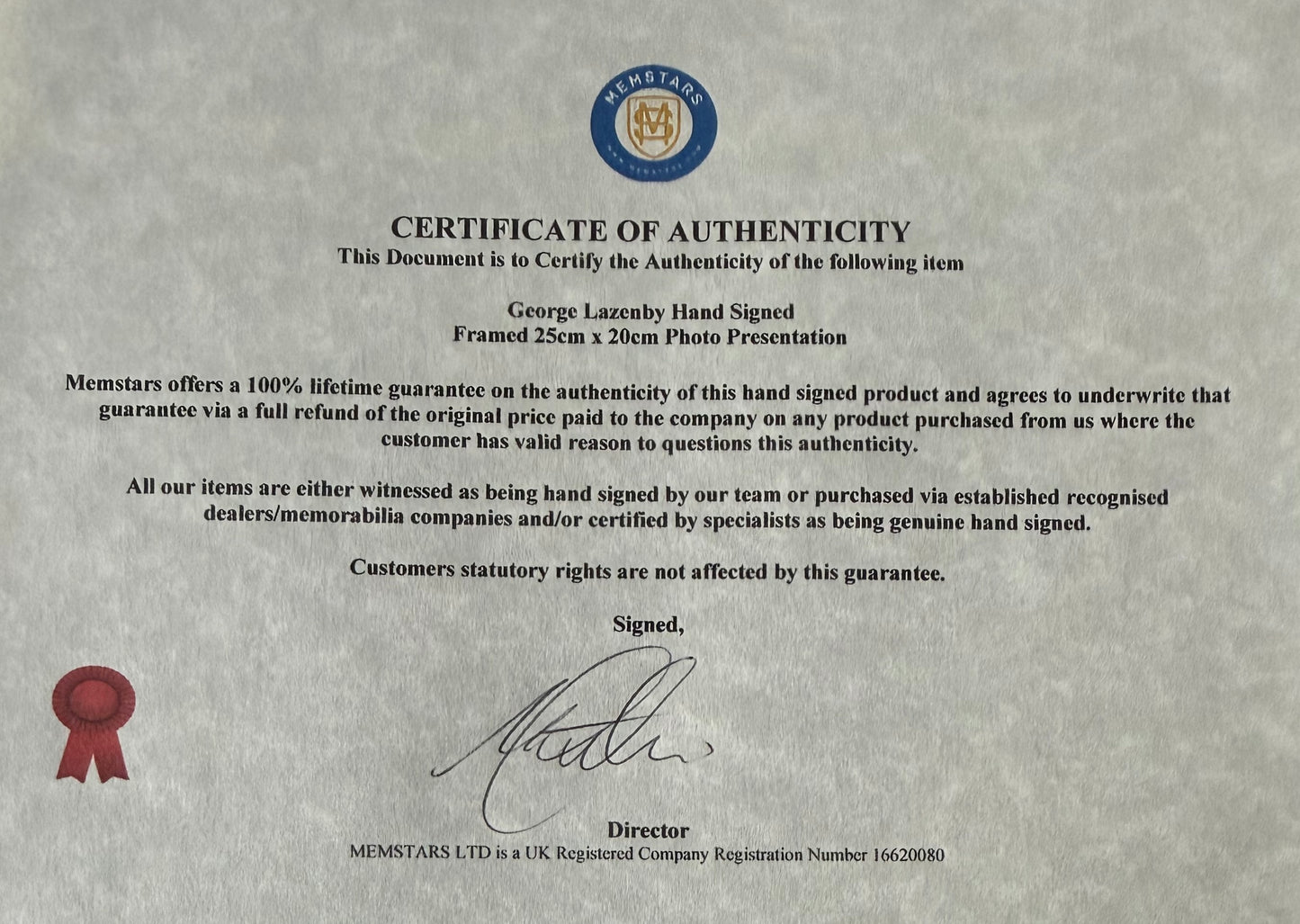 George Lazenby, Former James Bond 007, Hand Signed Photo & COA