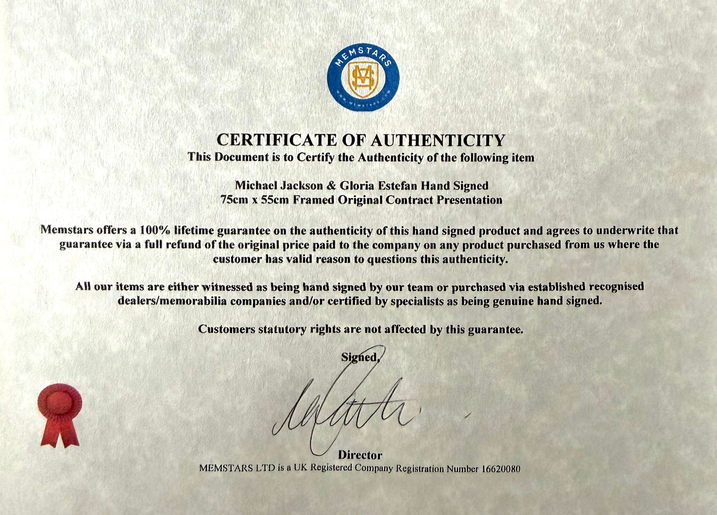 Michael Jackson, Gloria Estefan, Hand Signed Original Contract, 75cm x 55cm Presentation With COA