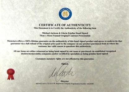 Michael Jackson, Gloria Estefan, Hand Signed Original Contract, 75cm x 55cm Presentation With COA