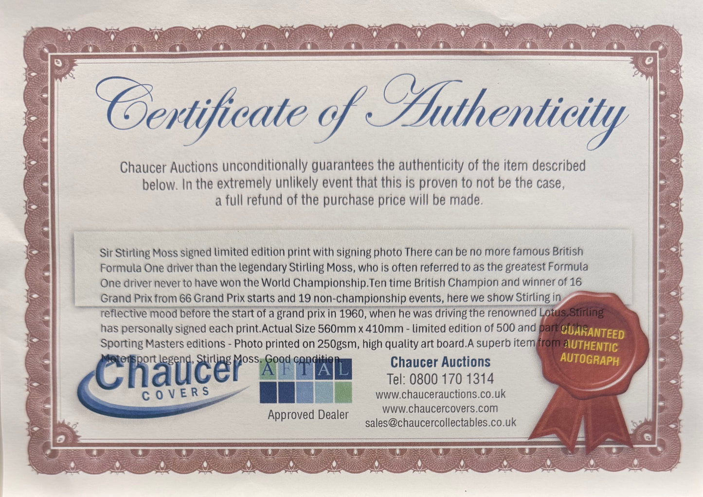 Sir Stirling Moss Hand Signed Limited Edition Print (51/500) With AFTAL COA