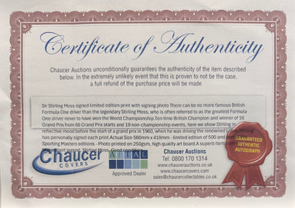 Sir Stirling Moss Hand Signed Limited Edition Print (51/500) With AFTAL COA